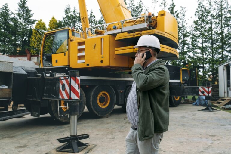 Foreman or architect on construction site talking by mobile phone