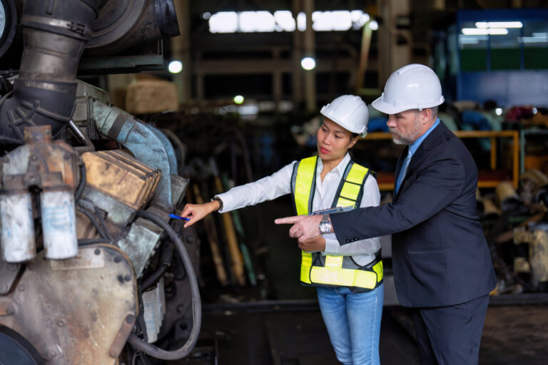 Maintenance manager and engineer checking part large engine supercharger prepare for overhaul repair